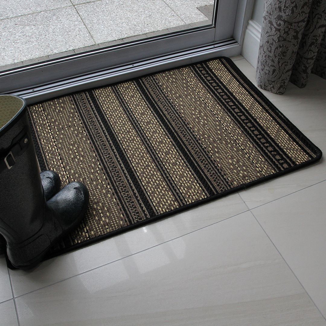 Black Natural Aztec Design Jute Style Rug Rubber Backed Beige Stripe